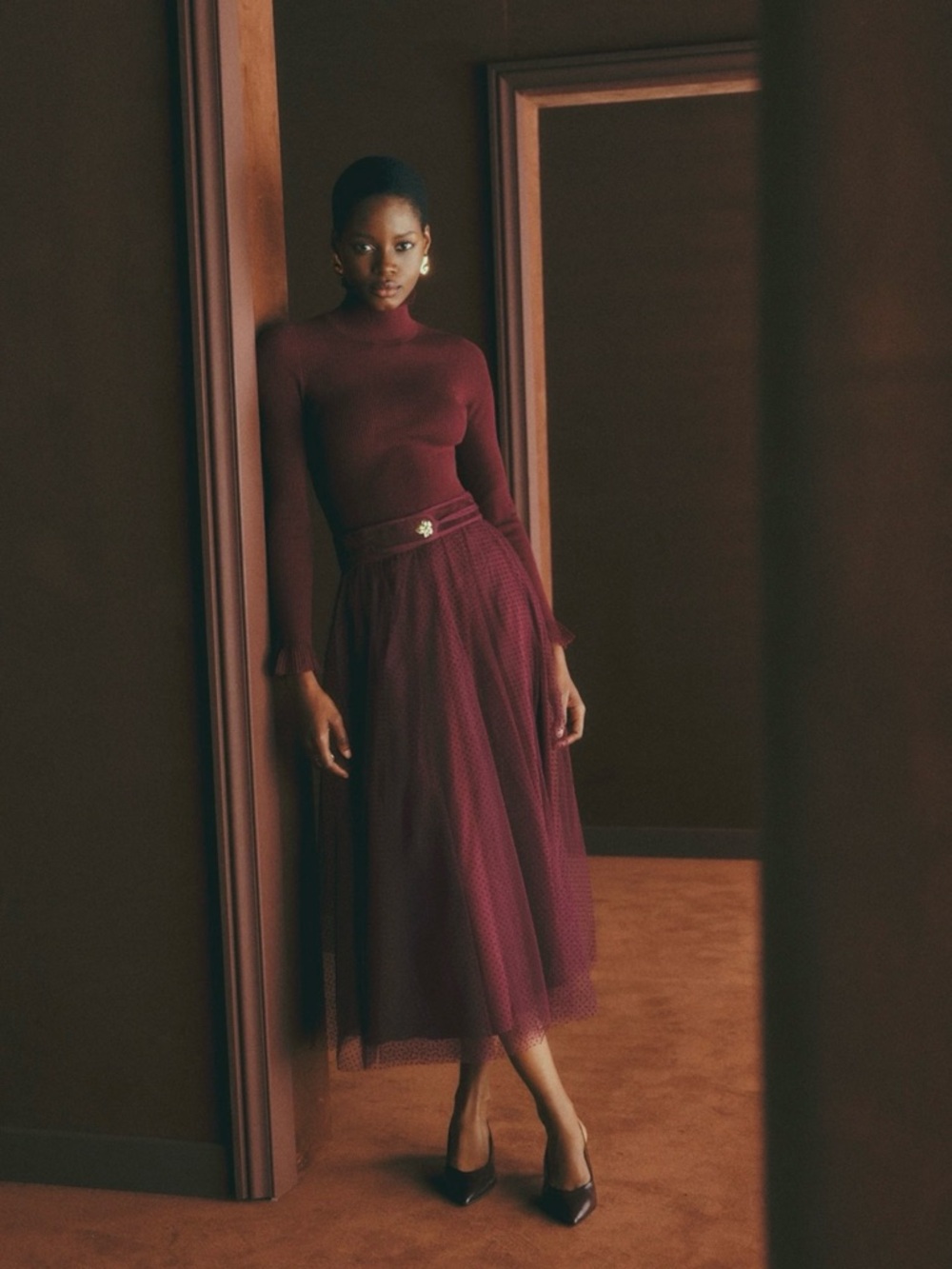 Sézane, Masha Skirt, Elegant Burgundy Tulle Midi Skirt, NWT!